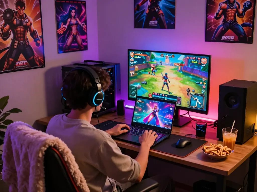 Gamer enjoying popular porngames on a vibrant laptop, immersive adult gaming experience.