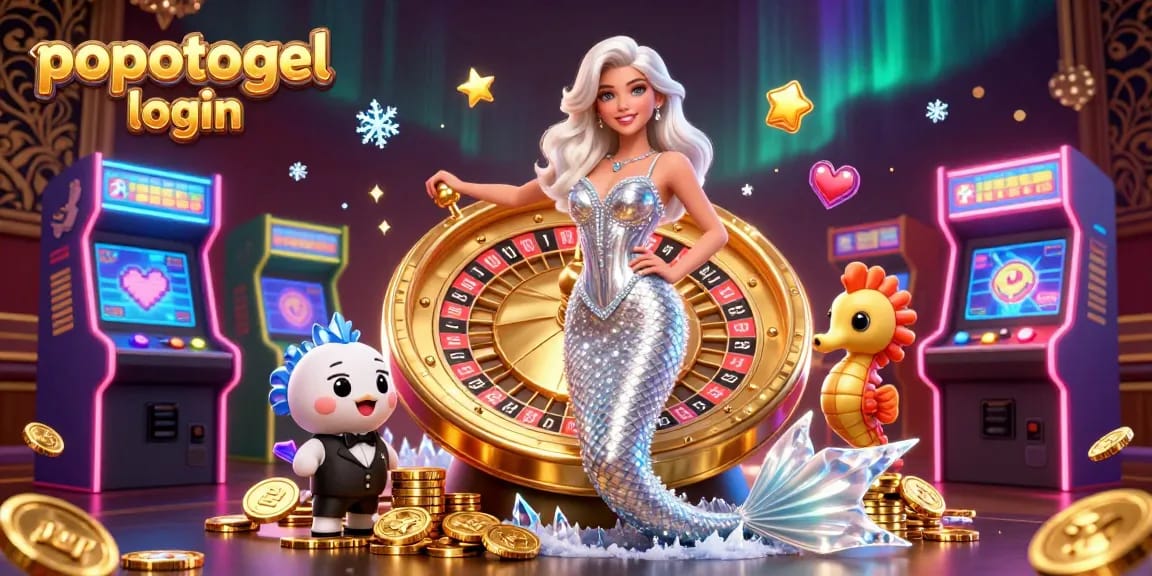 Engage in thrilling gameplay with popotogel login as a glamorous mermaid celebrates by a golden roulette wheel.