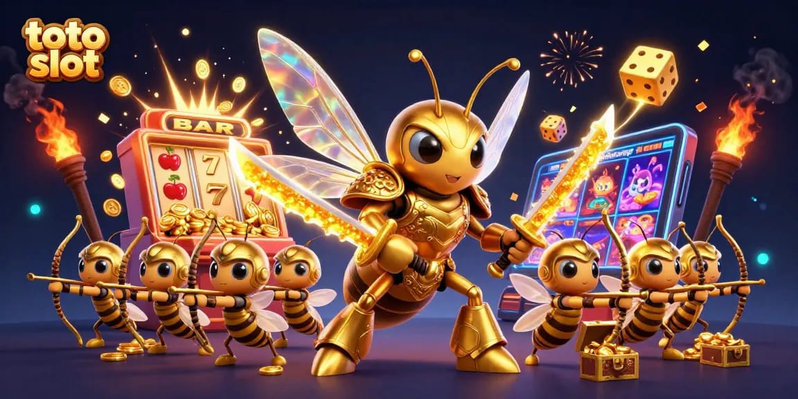 Engage in exciting toto slot gameplay with a golden hornet in samurai armor surrounded by vibrant casino symbols.
