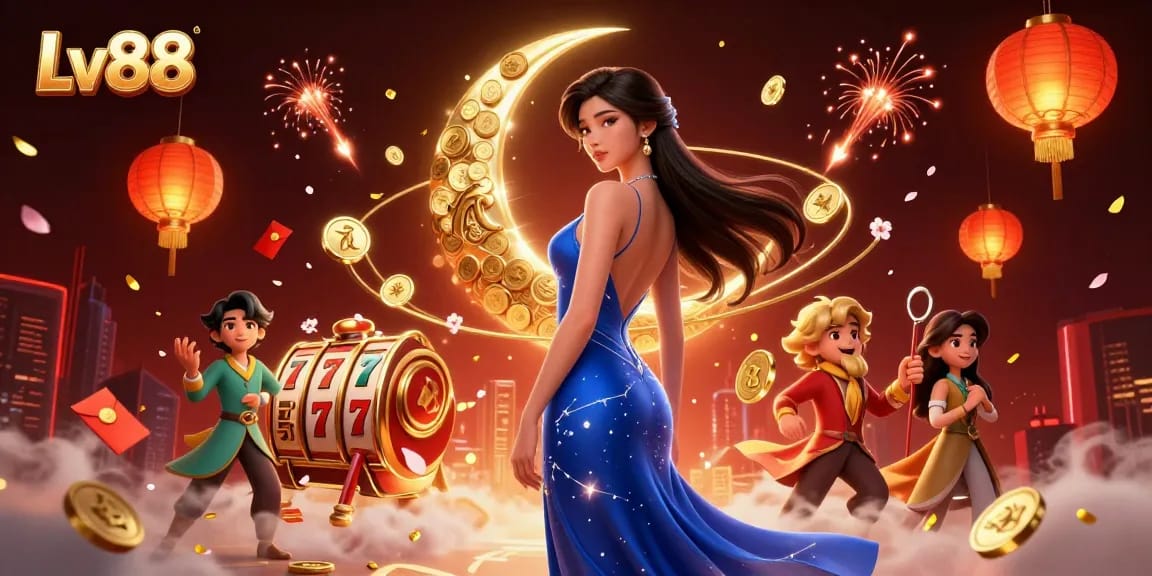 Experience winning with Lv88 in this vibrant online casino illustration featuring slotted reels and festive elements.