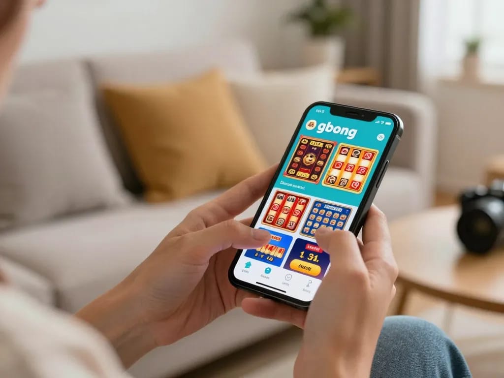Engaging player using gbong casino app on smartphone in a cozy living room setting.