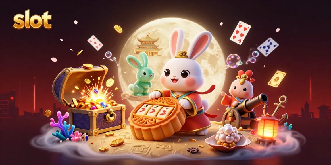 Spin the slot reels with a magical moon rabbit in a vibrant 3D casino scene filled with treasures.