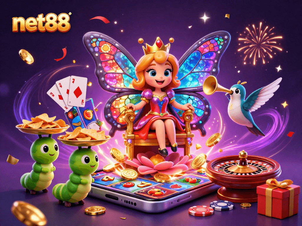 Experience net88's vibrant butterfly queen amidst casino elements, celebrating with vibrant colors and dynamic textures.