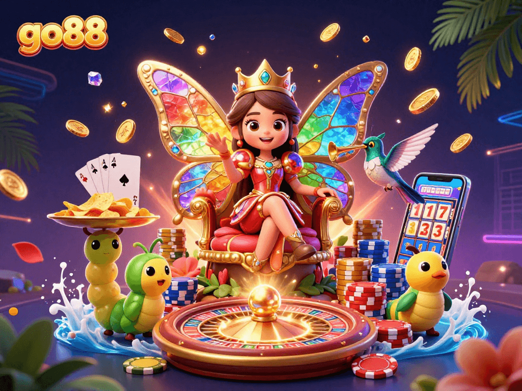 Experience go88's vibrant casino scene with a butterfly queen amidst roulette wheels and colorful chips.