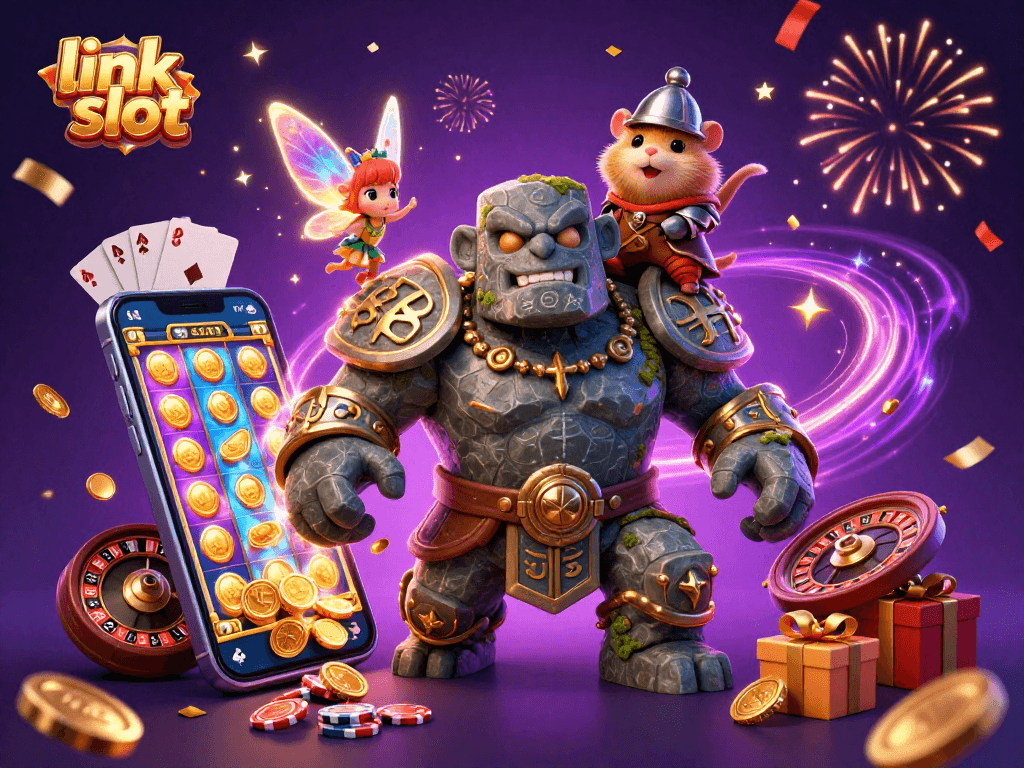 Engage in exciting gameplay with link slot, featuring mystical characters and vibrant 3D casino elements.