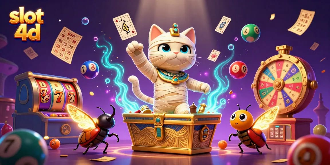 Experience thrilling slot 4d gameplay with an Egyptian mummy cat and rich casino elements.