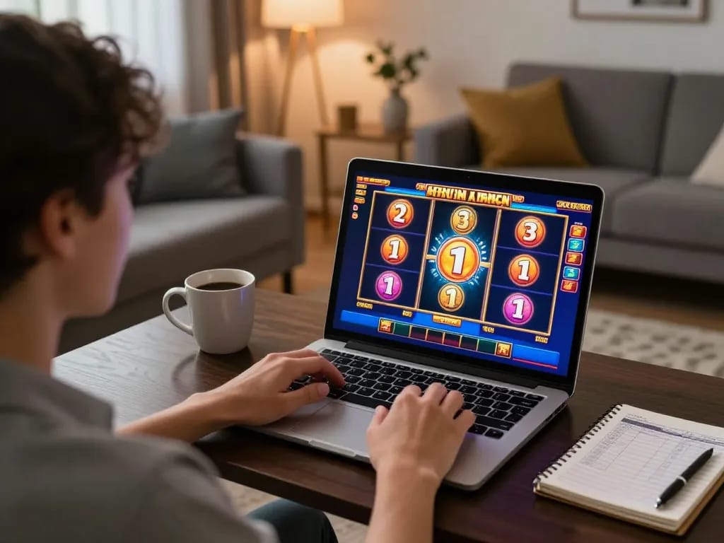 situs slot gaming on laptop in a cozy living room promoting responsible gambling.