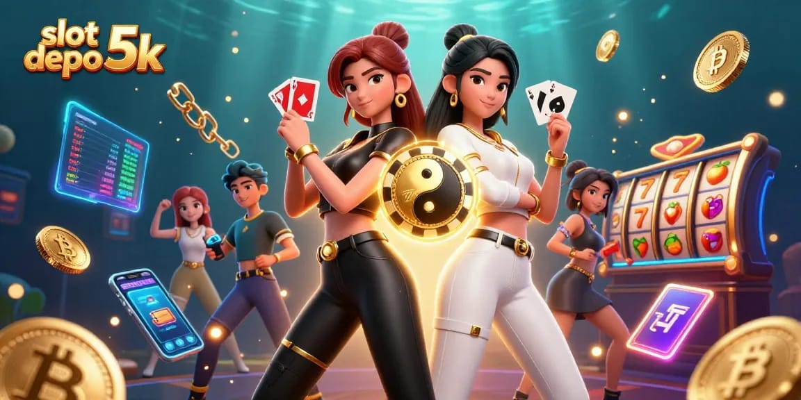 Play and win big with slot depo 5k featuring dynamic Asian women holding cards amidst slot reels.