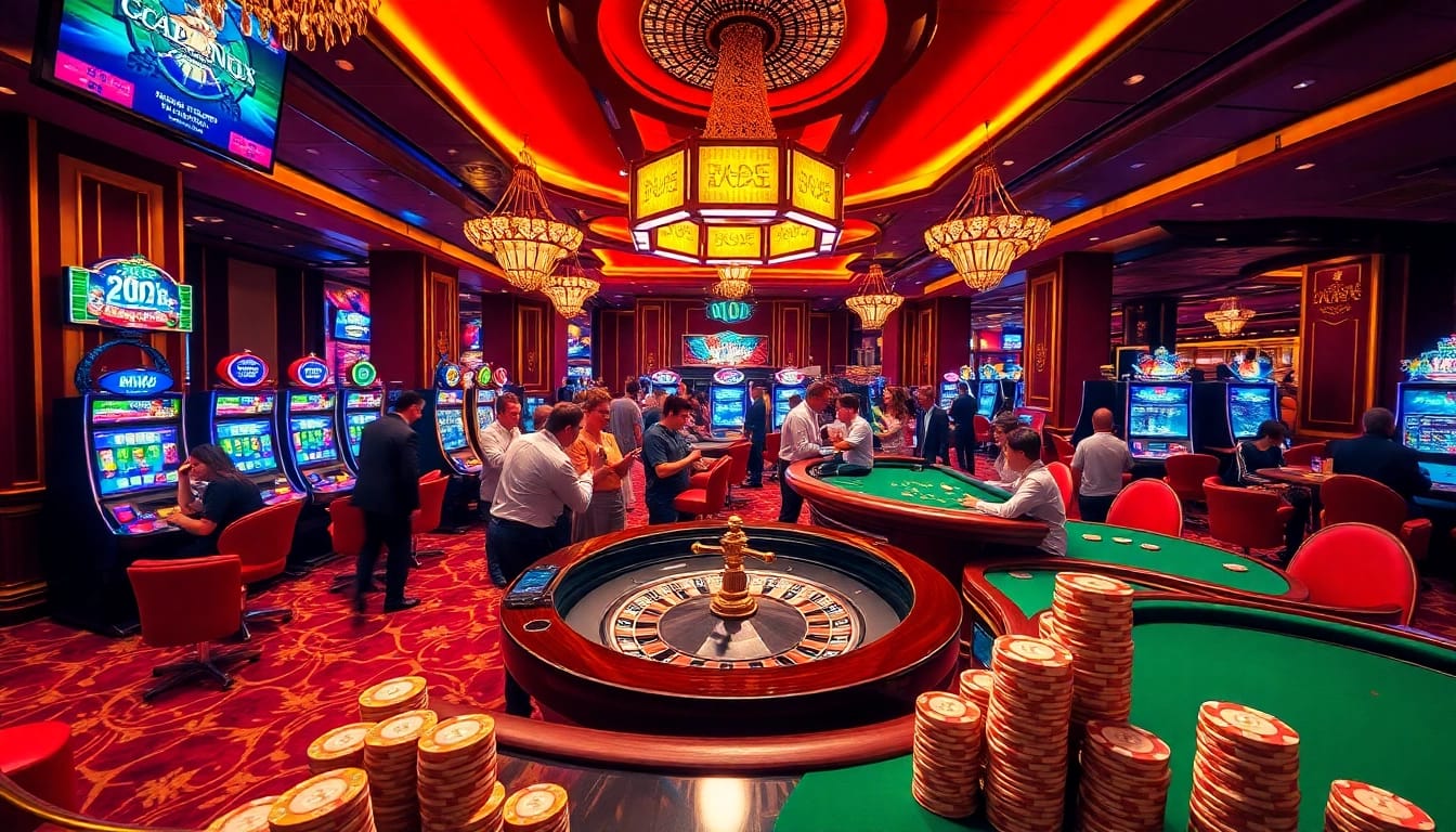 Players winning big at NV Casino with vibrant slot machines and roulette tables.