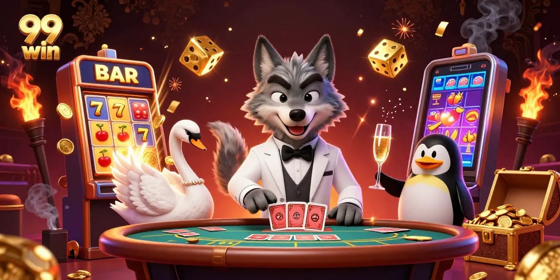 Experience the excitement of 99 win with this vibrant casino illustration showcasing colorful characters and dynamic gameplay elements.