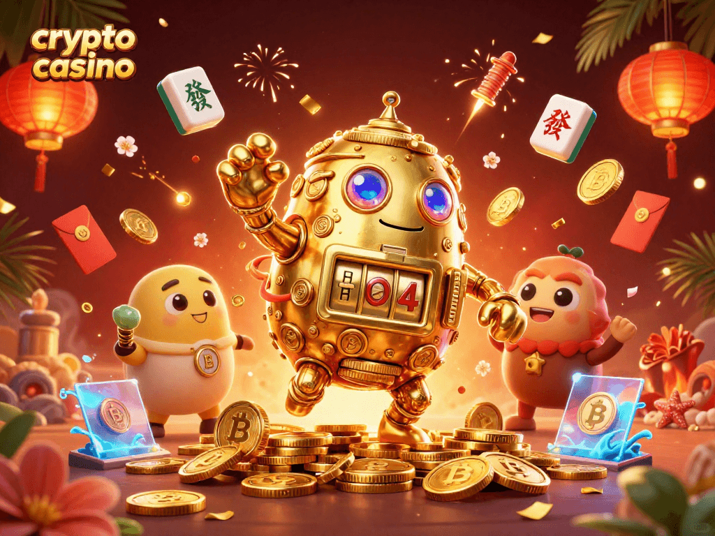 Play exciting games at the crypto casino with vibrant 3D characters and festive decorations.