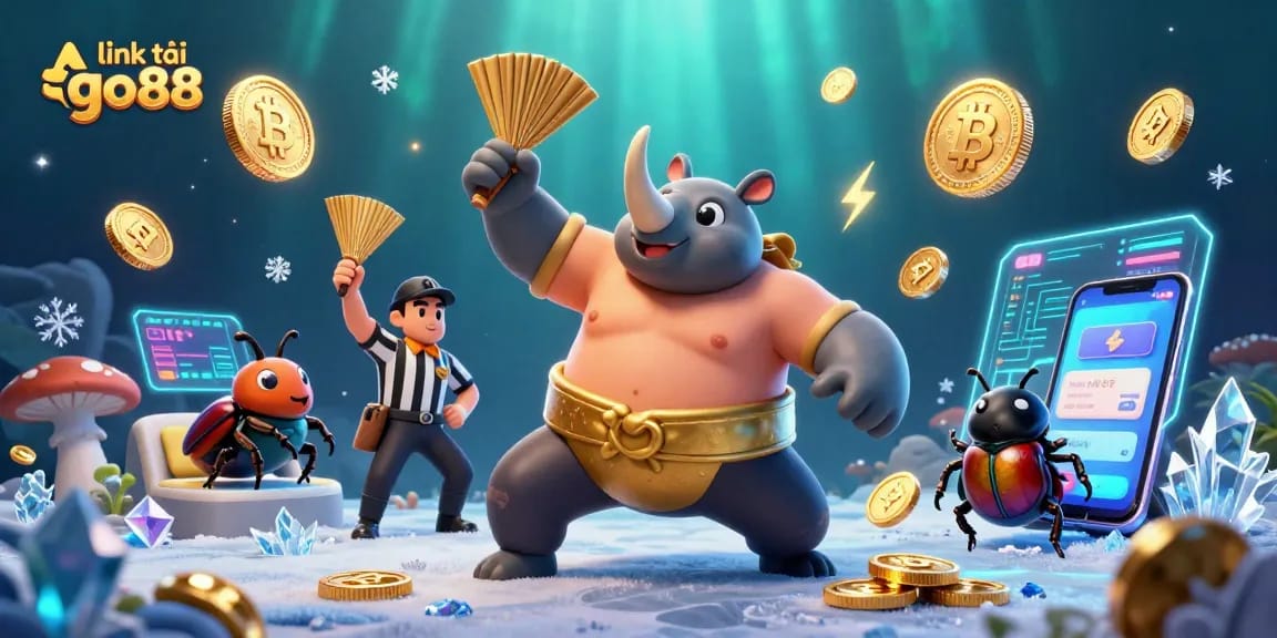 Engage with the thrilling world of link tải go88 as the beetle champion leaps, scattering coins in a dynamic casino setting.