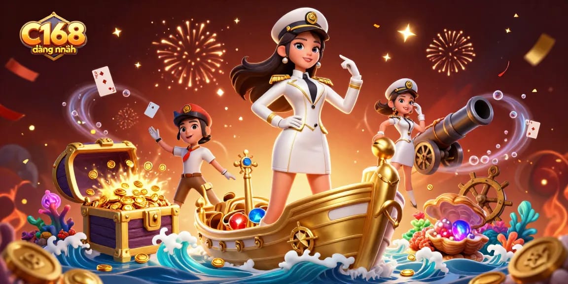 C168 đằng nhập unlocking new gaming adventures amid floating cards and treasures.