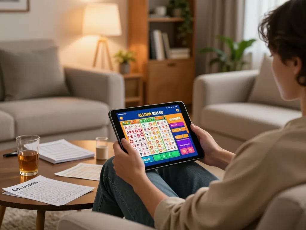 Lô đề online betting scene with a player using a tablet and strategy notes in a cozy home setting.