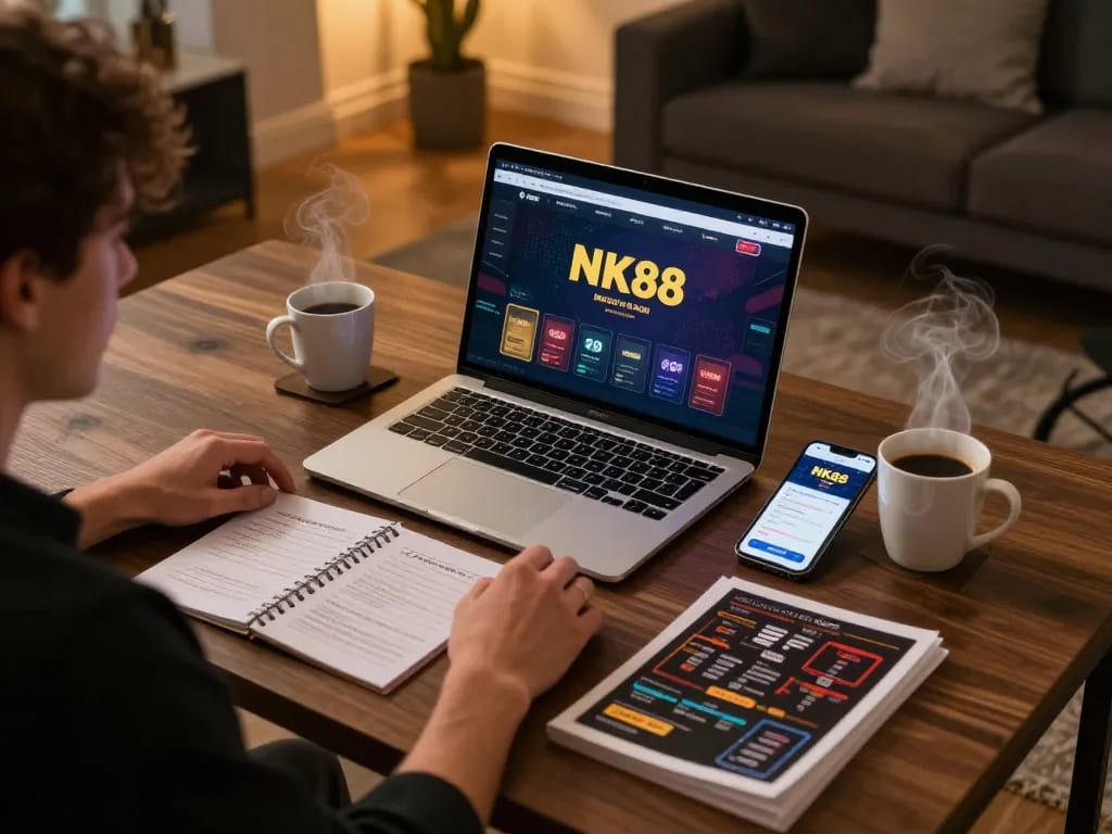 Engaging gameplay on NK88's online casino platform, showcasing strategic betting and a cozy setup