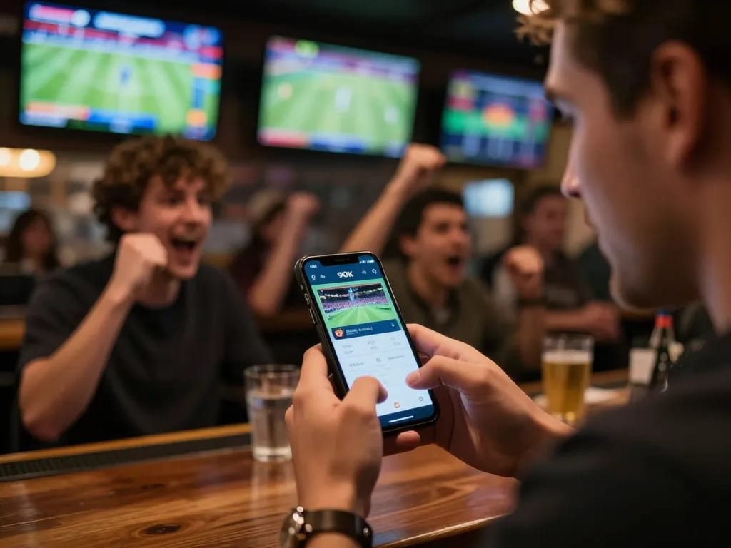 Engaged bettors using the 99OK app at a vibrant sports bar, capturing the excitement of live sports betting.