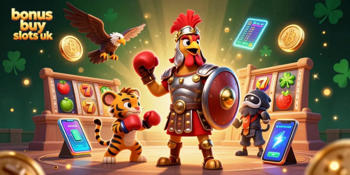 Experience excitement with bonus buy slots uk in this vivid 3D casino illustration featuring dynamic characters and slot elements.