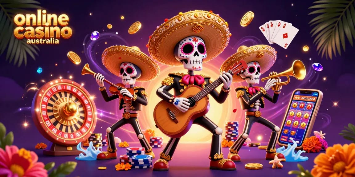 Experience the excitement at online casino australia with vibrant skeleton mariachi band celebrating gaming.