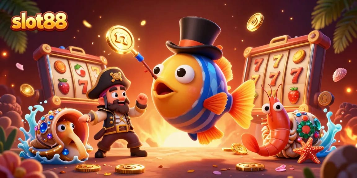 Bermain slot88 dengan karakter unik berupa ikan angler dalam topi, udang bajak laut, dan siput berisi harta karun.