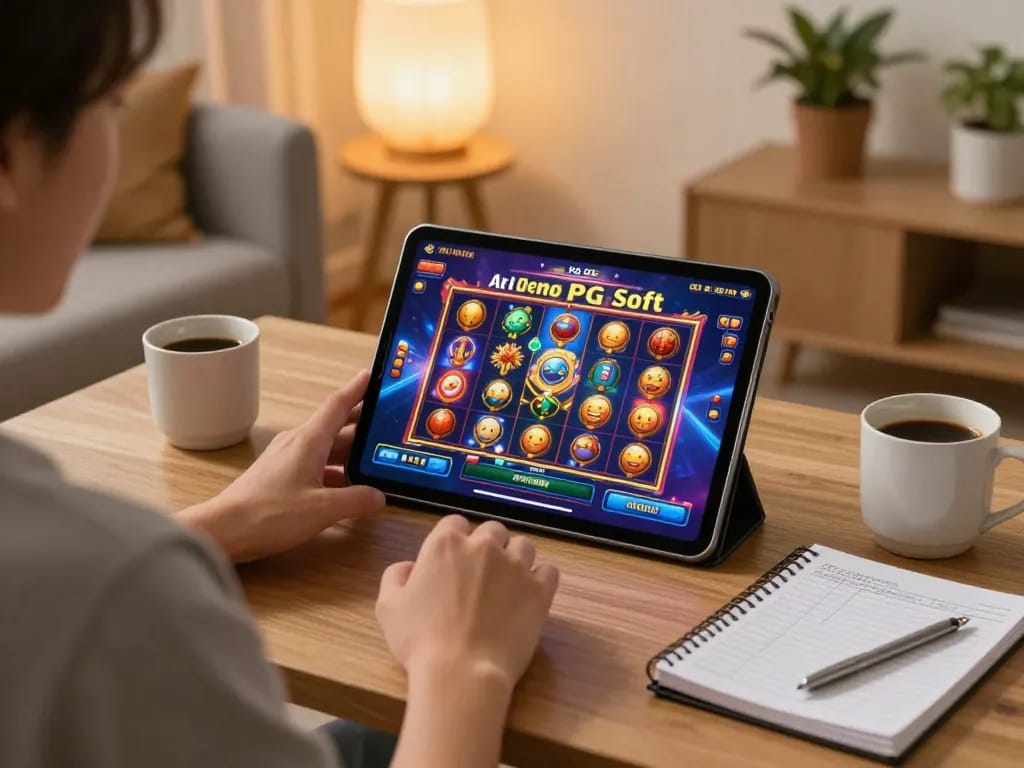 Sesi permainan slot mobile Akun Demo PG Soft dalam pengaturan rumah yang nyaman, menunjukkan gameplay yang antusias.