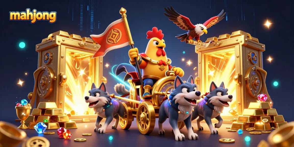 Engage with mahjong excitement featuring a dynamic 3D illustration of a rooster warlord and treasure elements.