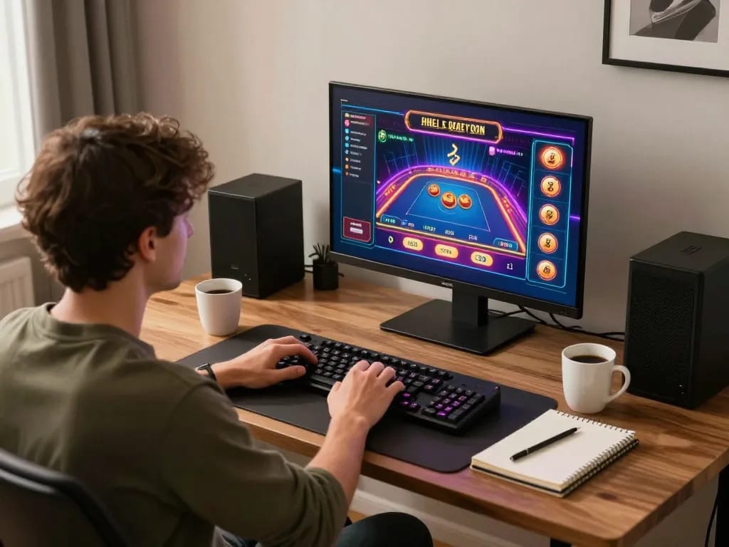Experience thrilling gameplay with link MAY88 in a modern home gaming setup, showcasing vibrant casino interaction on screen.