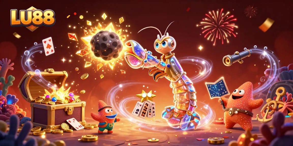 LU88 showcases a galactic samurai mantis shrimp in a thrilling casino scene of gold coins and cards.