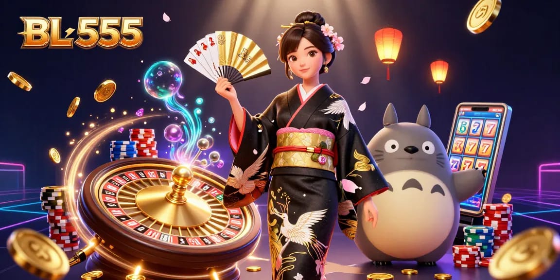 Experience the excitement of BL 555 with dynamic gaming elements, featuring royal flush cards and cascading coins.