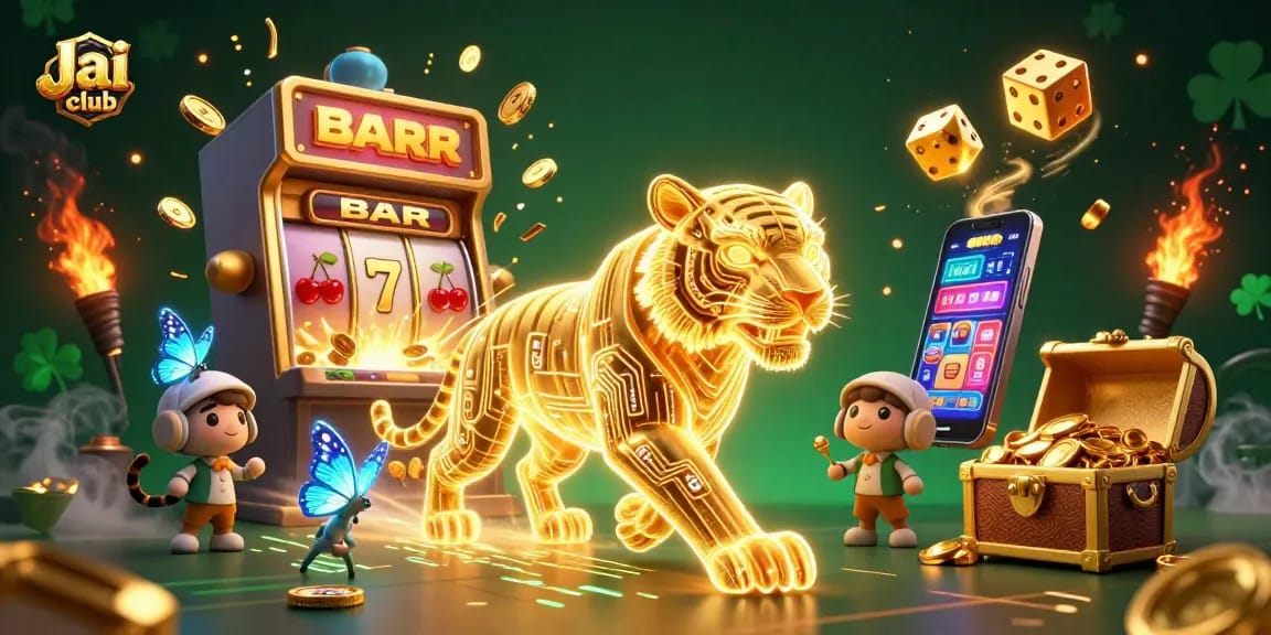 Experience thrilling gameplay at Jai club with an energetic neon landscape filled with jackpots, slot machines, and vibrant game elements.