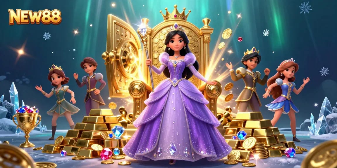 Engage with NEW88 through this captivating casino scene adorned with gold and jewels.