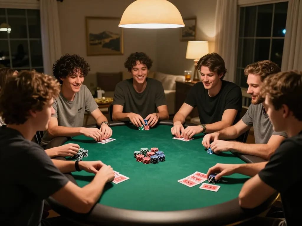 Friends enjoying a lively poker night at home, playing with chips and cards, featuring go8 gaming action.