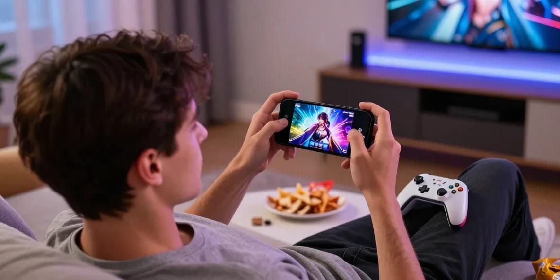 Enjoying mobile hentai games on a smartphone in a cozy gaming setup with snacks and vibrant visuals.