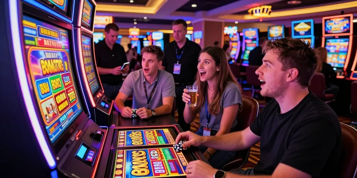 Exciting players engaging with bonus buy slots at a vibrant casino, showcasing dynamic gaming action.