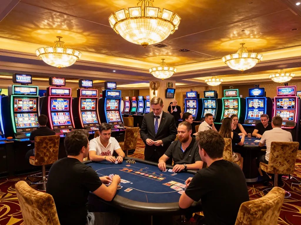 Players enjoying the excitement at 98win com casino slots and poker tables.