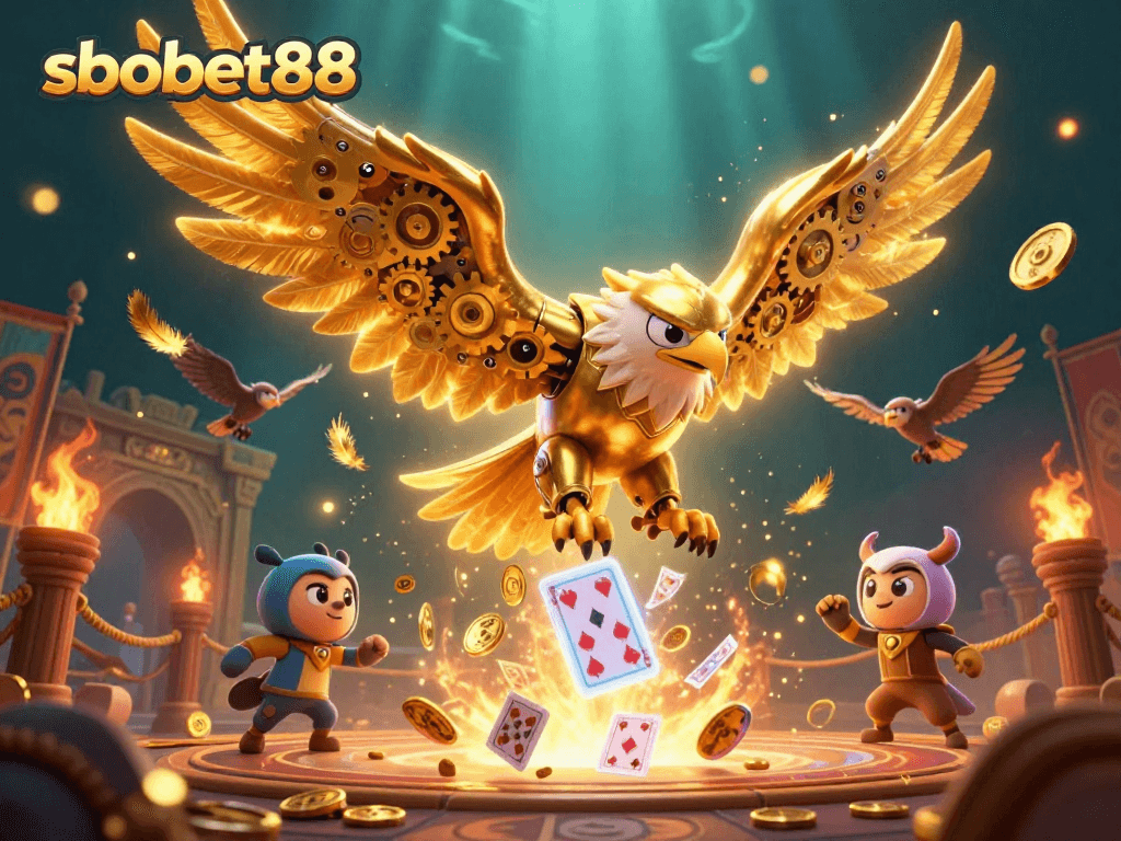 Engage with sbobet88 in a vibrant 3D illustration of a golden eagle dive into thrilling gambling action.
