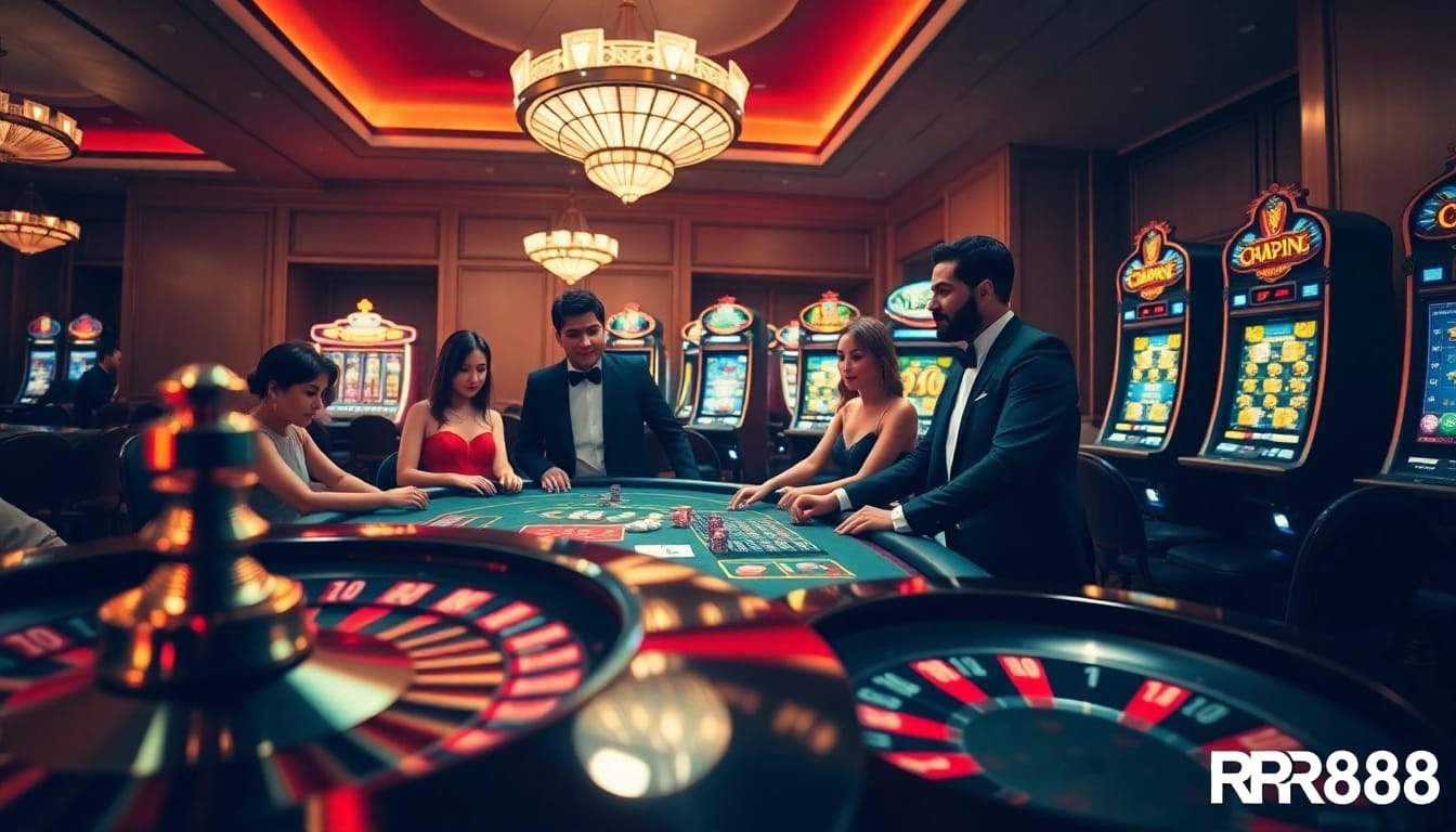 Experience RR88 casino excitement at a luxurious poker table surrounded by vibrant slot machines.