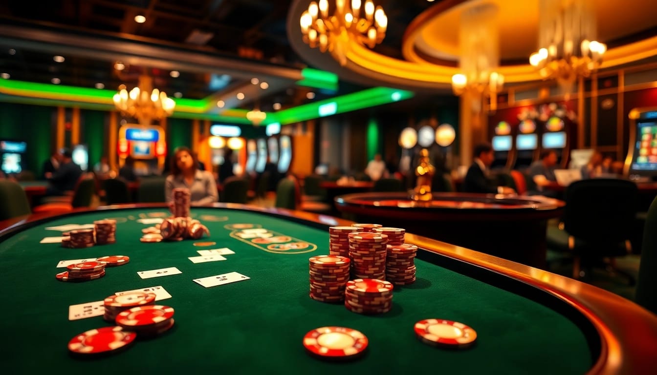 Experience the excitement of gambling at https://bem88i.com/, featuring a luxurious poker table filled with chips and cards.