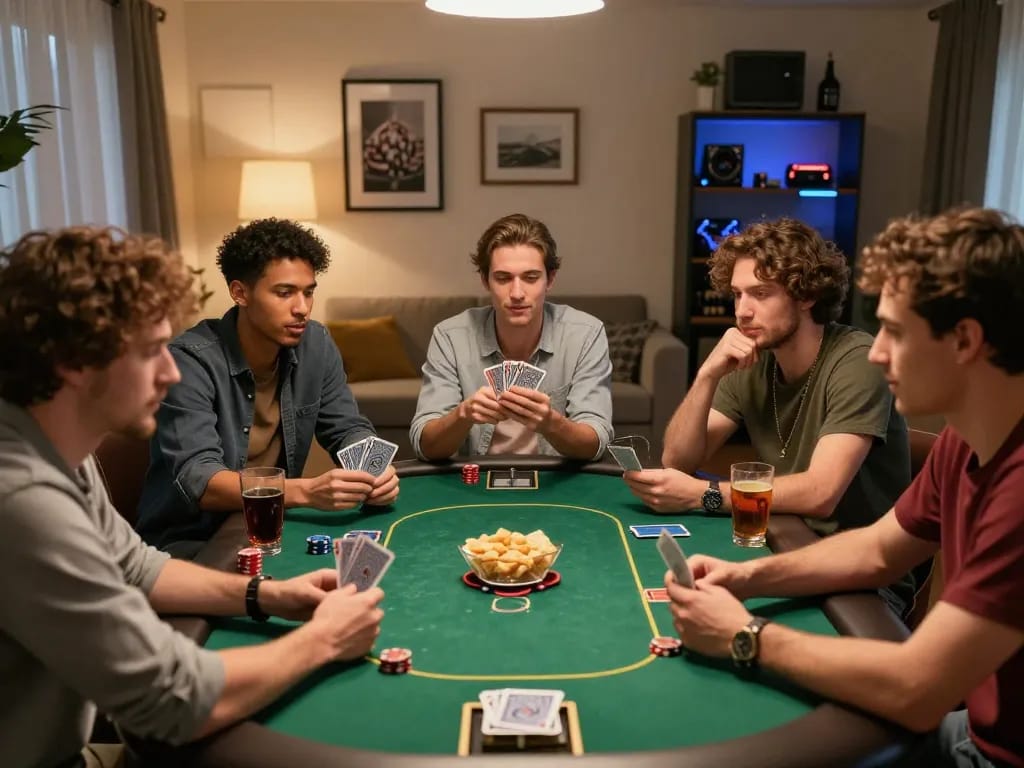 Engaging moment of friends enjoying ดูหนังออนไลน์ฟรี during a friendly poker game, showcasing strategy and camaraderie.