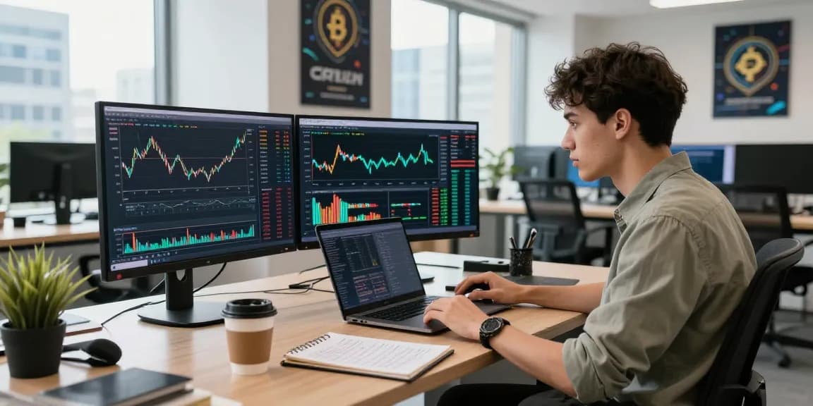 Трейдер за работой на bitmex биржа, анализируя графики криптовалют в современном офисе.