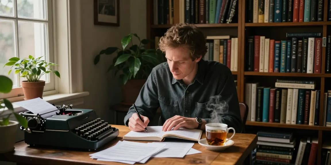Immersive writing scene at https://tallengreenfield.com featuring T Allen Greenfield crafting notes for his book UFOnauts amidst a cozy reading nook.