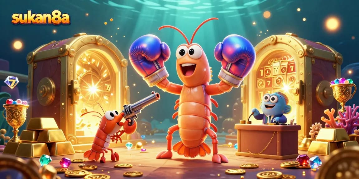 Sukan8a showcases an energetic scene with casino elements like slot reels surrounding vibrant characters.