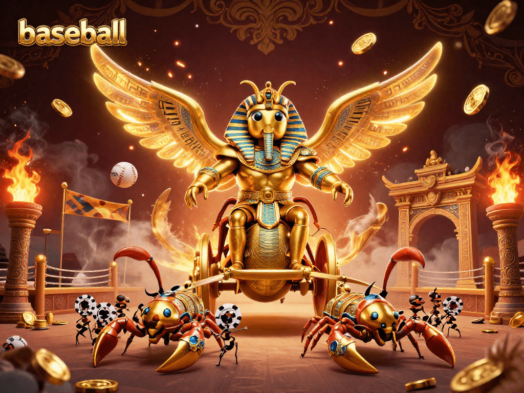 Win with baseball betting strategies illustrated by a golden scarab beetle in a dynamic gambling scene.
