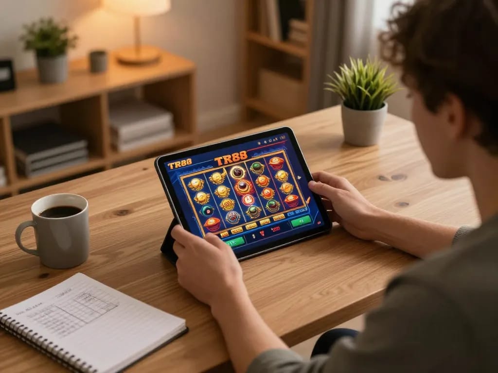 Player engaged with the TR88 app on tablet, showcasing vibrant slot game interface for online gambling