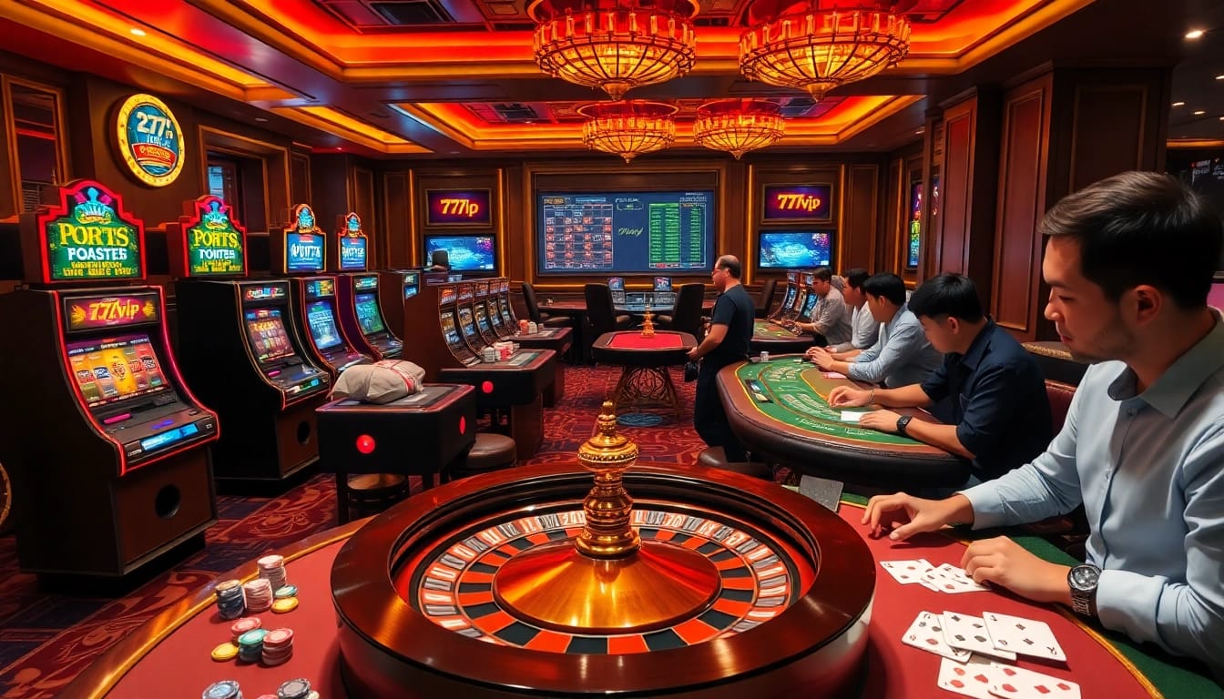 Exciting casino scene showcasing 777vip slot machines and poker tables filled with vibrant players.
