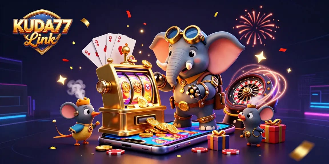 Permainan seru di KUDA77 Link, menampilkan mesin slot menggiurkan dan suasana kasino yang meriah.