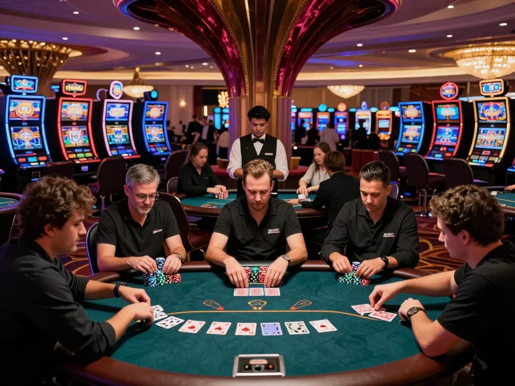 Intense poker action at hitclub casino with players strategizing their bets amidst vibrant surroundings.
