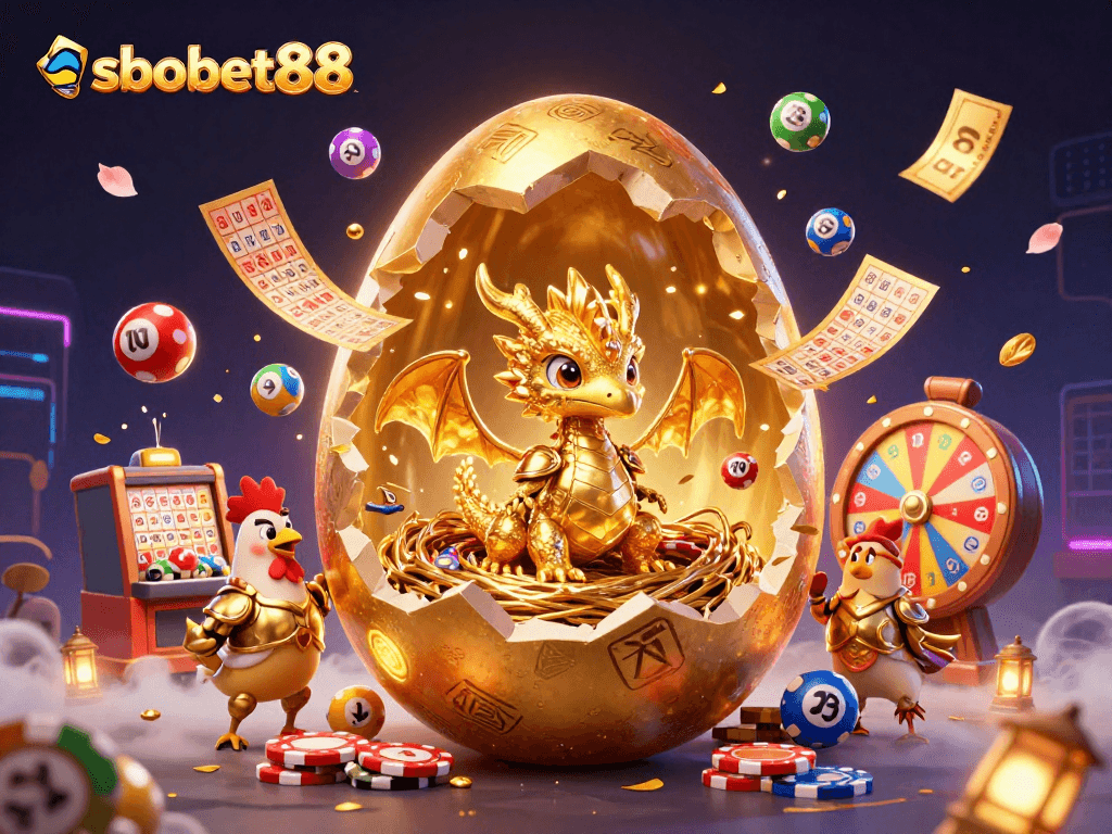 Experience sbobet88 excitement with a captivating golden dragon on poker chips amidst vibrant casino elements.