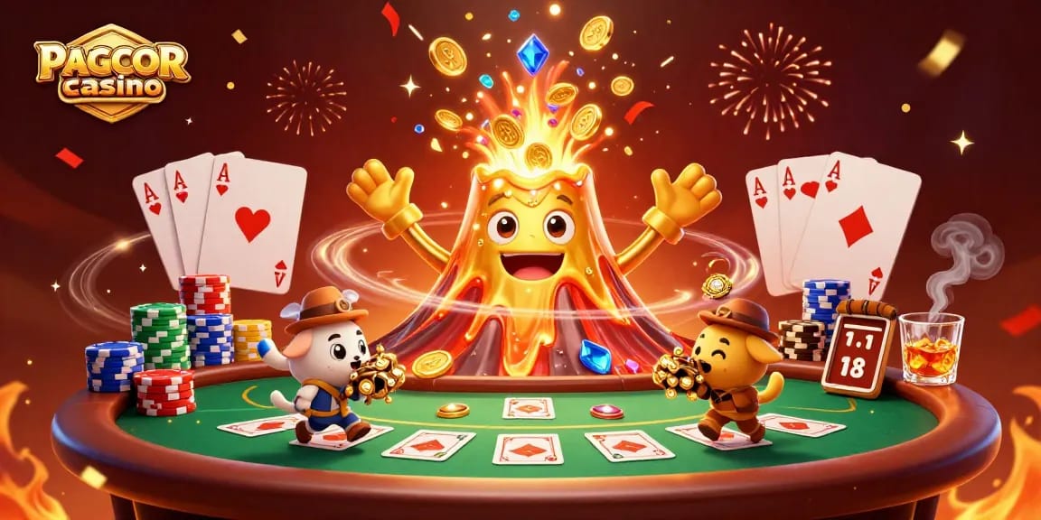 PAGCOR licensed casino promotional illustration showcasing a lively casino scene filled with treasure and excitement.