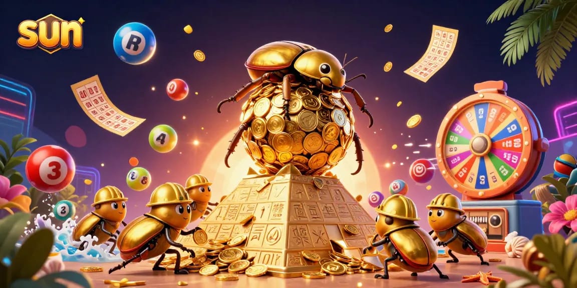 Engage in thrilling lottery fun with sun-inspired 3D illustration showcasing dynamic casino elements.