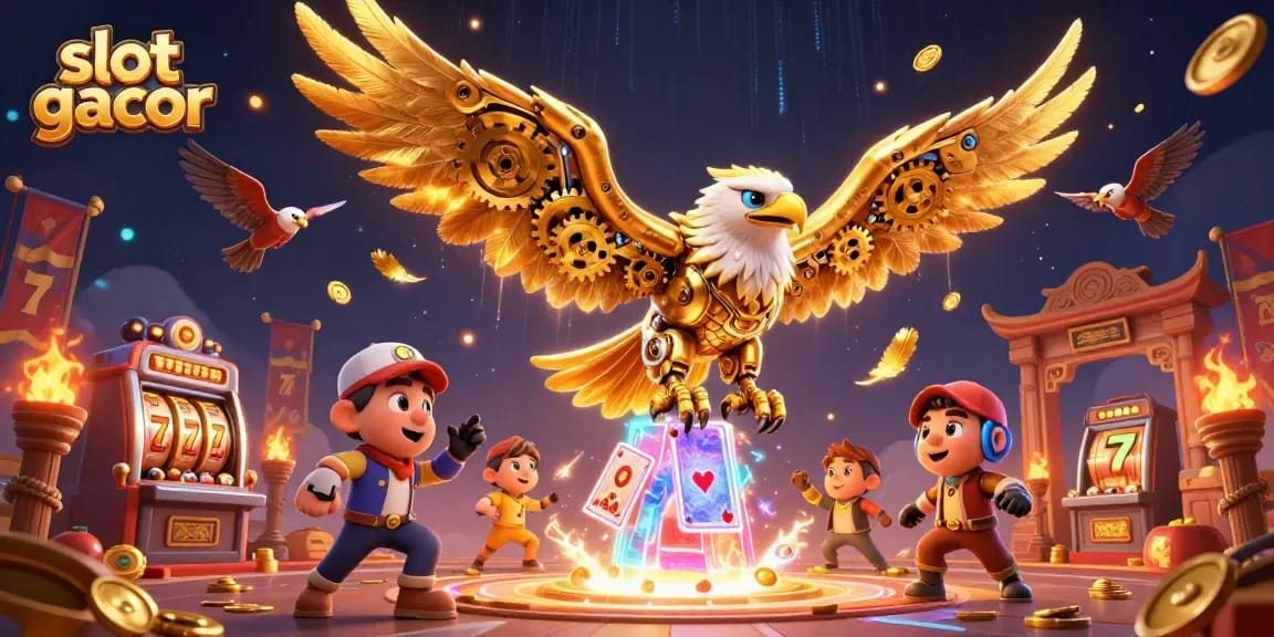 Experience the thrill of slot gacor with an exciting 3D illustration of a cybernetic eagle diving through holographic playing cards.